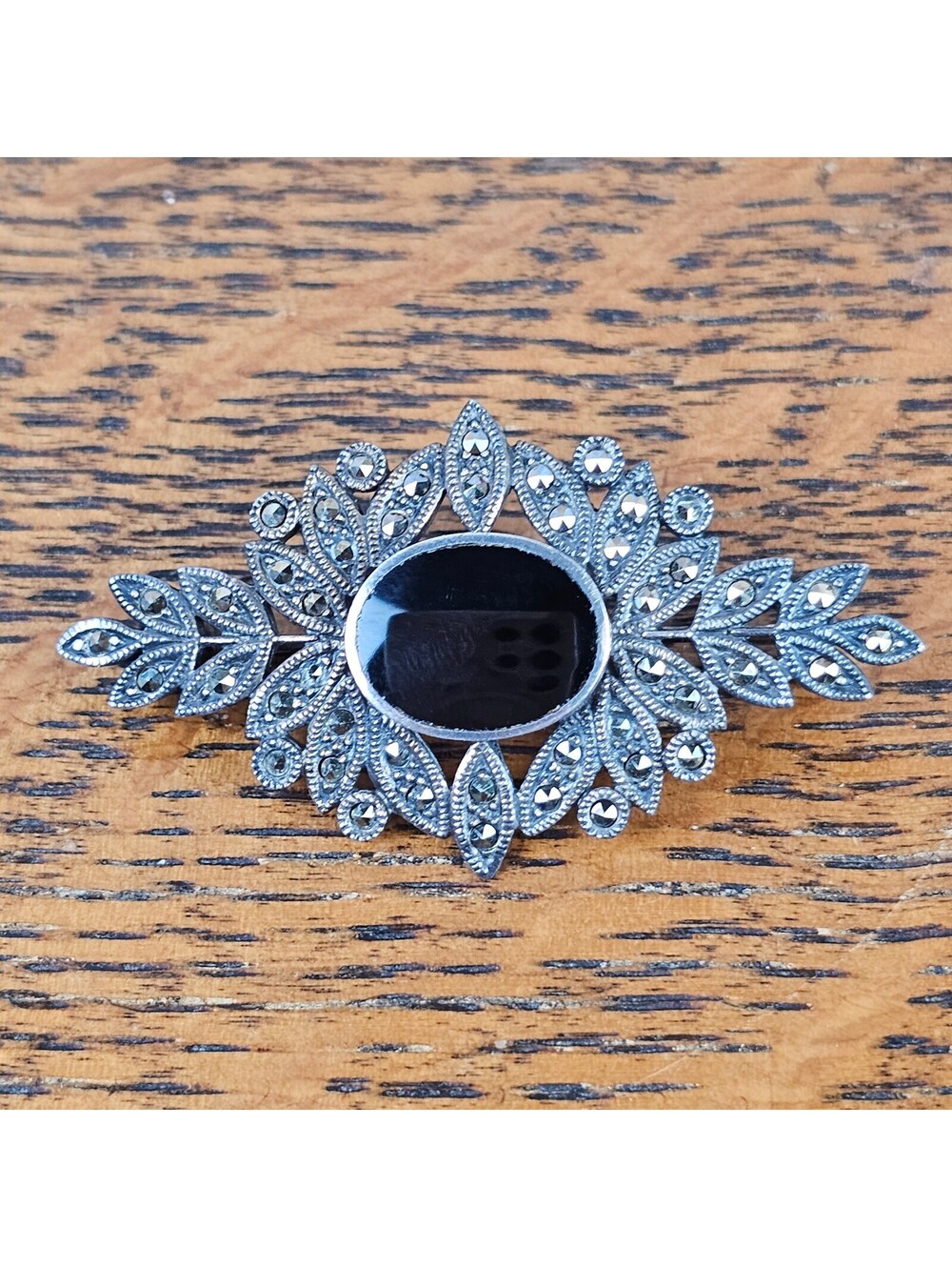 Vintage 925 Sterling Silver Black Onyx Marcasite Floral Brooch Pin